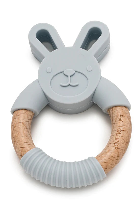 Bunny Silicone and Wood Teething ring - Light grey