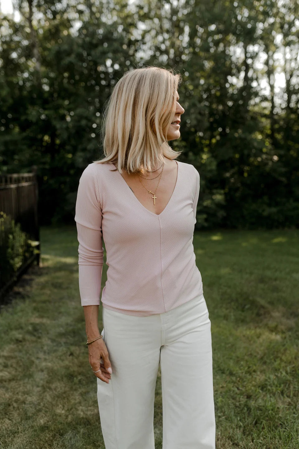 Manche Longue V plongeant - Rose Blush